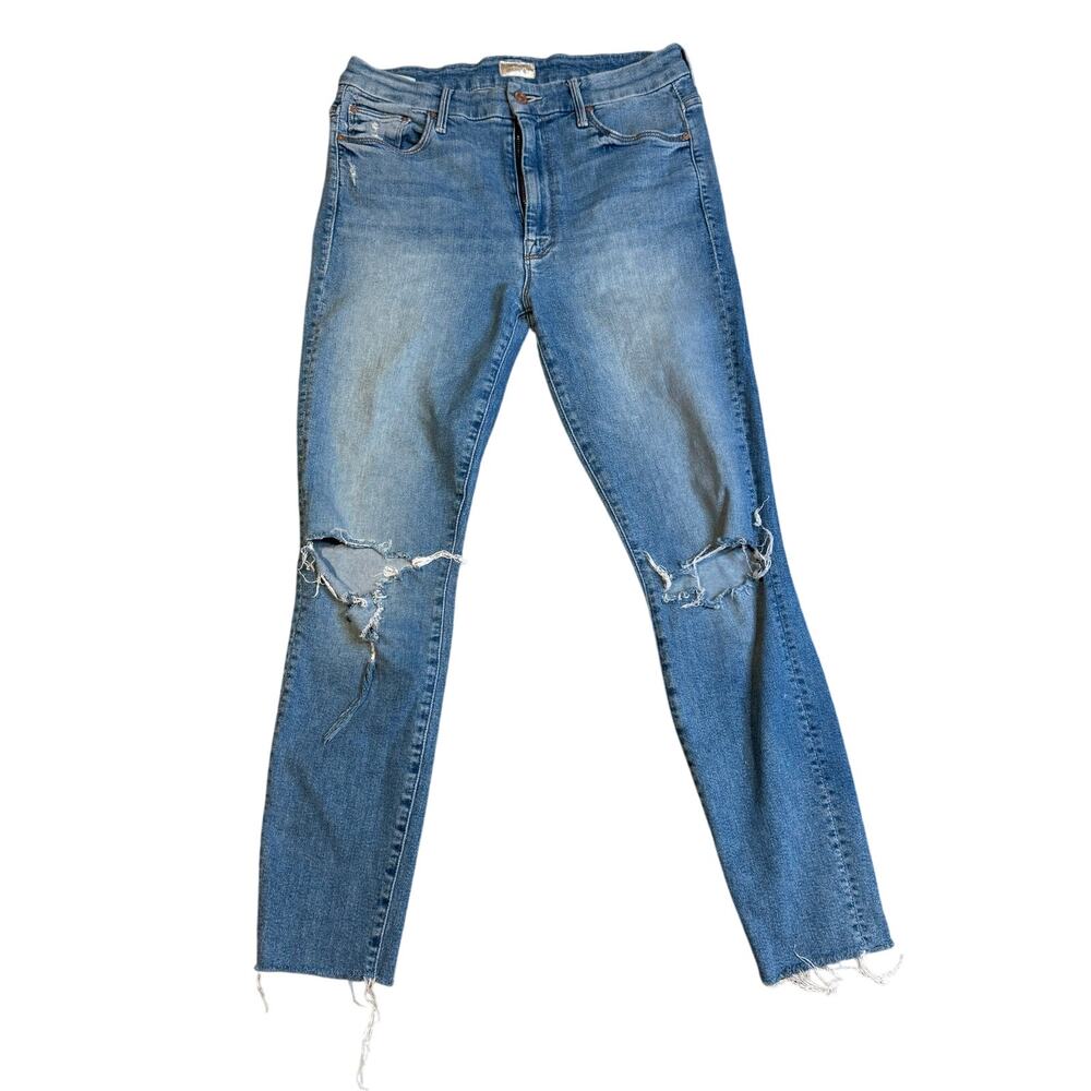 MOTHER‎ High Waisted Looker Ankle Fray Jeans Shoot To Thrill Destroyed Blue 30